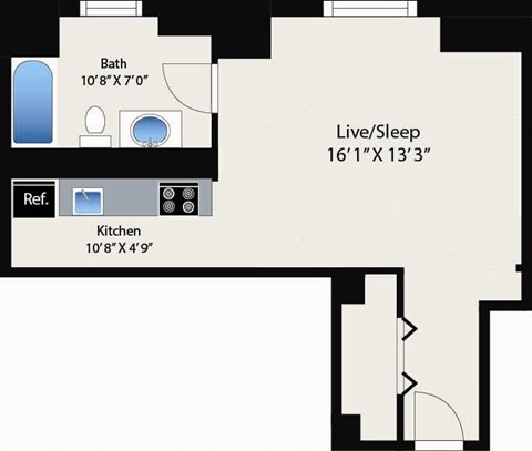 A floor plan shows a bathroom, a kitchen, and a combined living/sleeping area.